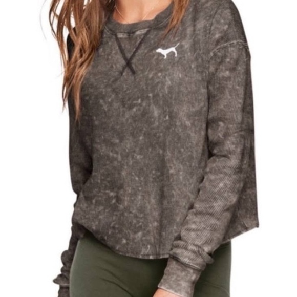 PINK Victoria's Secret Tops - Victorias Secret Pink Cropped Thermal Gray Brown Long Sleeve Waffle XS
